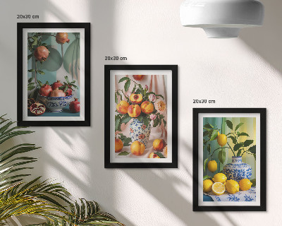 Triptych v ráme Granátové jablká, broskyne a citróny vo vázach