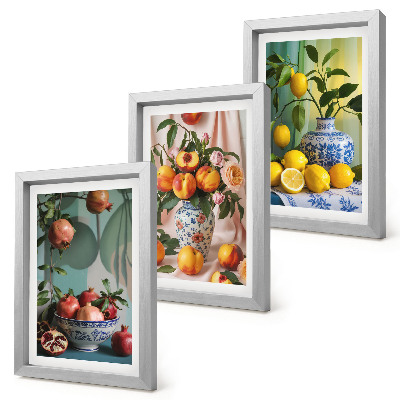 Triptych v ráme Granátové jablká, broskyne a citróny vo vázach