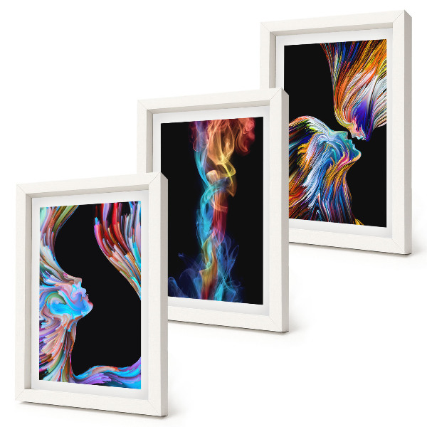 Triptych v ráme Farebné abstrakcie s tvárami a dynamickými tvarmi