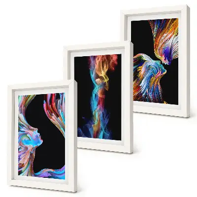 Farebné abstrakcie s tvárami a dynamickými tvarmi triptych v ráme