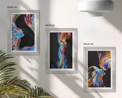 Farebné abstrakcie s tvárami a dynamickými tvarmi triptych v ráme