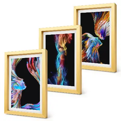 Farebné abstrakcie s tvárami a dynamickými tvarmi triptych v ráme