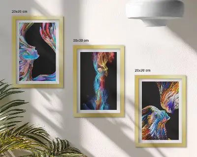 Farebné abstrakcie s tvárami a dynamickými tvarmi triptych v ráme
