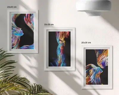 Farebné abstrakcie s tvárami a dynamickými tvarmi triptych v ráme