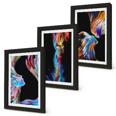 Farebné abstrakcie s tvárami a dynamickými tvarmi triptych v ráme
