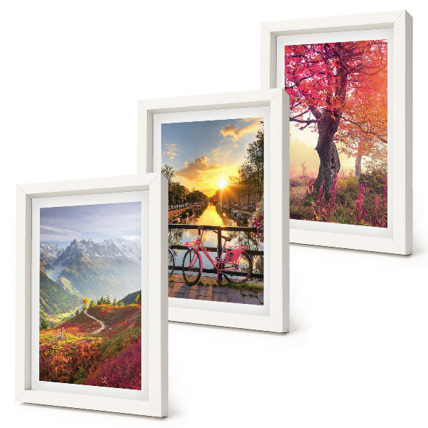 Triptych v ráme Horská krajina s bicyklom a jesenným stromom