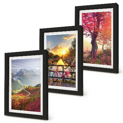 Triptych v ráme Horská krajina s bicyklom a jesenným stromom