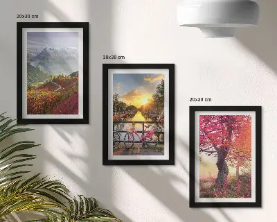 Horská krajina s bicyklom a jesenným stromom triptych v ráme