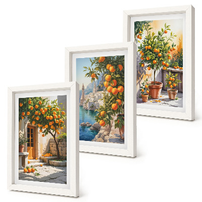 Triptych v ráme Maľované citrusové plody a prímorské krajiny