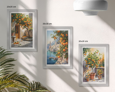 Triptych v ráme Maľované citrusové plody a prímorské krajiny