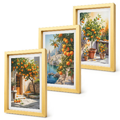 Triptych v ráme Maľované citrusové plody a prímorské krajiny
