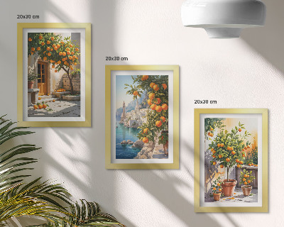Triptych v ráme Maľované citrusové plody a prímorské krajiny