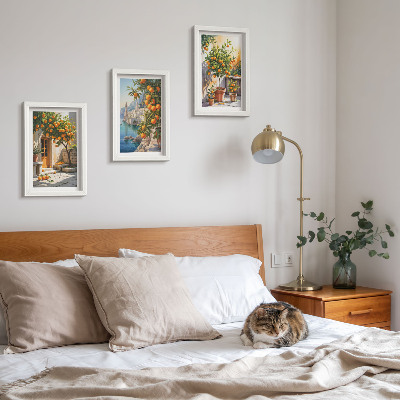 Triptych v ráme Maľované citrusové plody a prímorské krajiny