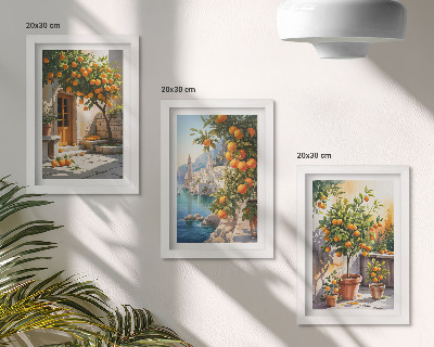 Triptych v ráme Maľované citrusové plody a prímorské krajiny