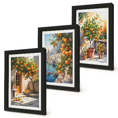 Triptych v ráme Maľované citrusové plody a prímorské krajiny