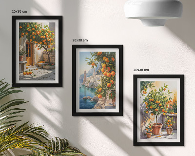 Triptych v ráme Maľované citrusové plody a prímorské krajiny
