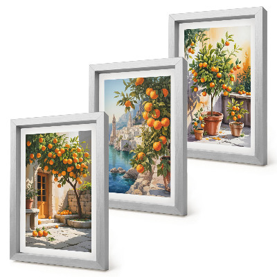 Triptych v ráme Maľované citrusové plody a prímorské krajiny
