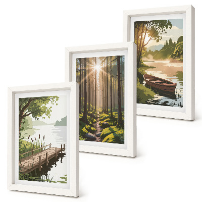 Triptych v ráme Pokojná krajina lesa a jazera s loďkou