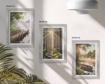 Triptych v ráme Pokojná krajina lesa a jazera s loďkou