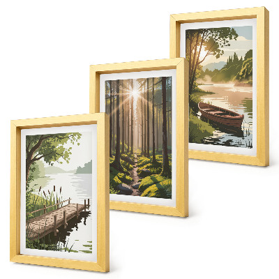 Triptych v ráme Pokojná krajina lesa a jazera s loďkou
