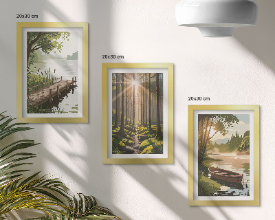 Triptych v ráme Pokojná krajina lesa a jazera s loďkou