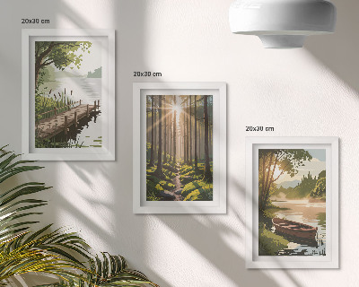 Triptych v ráme Pokojná krajina lesa a jazera s loďkou