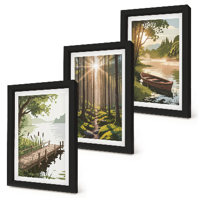 Triptych v ráme Pokojná krajina lesa a jazera s loďkou
