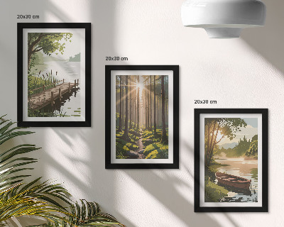 Triptych v ráme Pokojná krajina lesa a jazera s loďkou