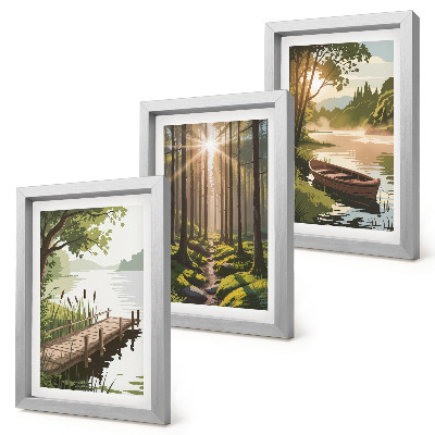 Triptych v ráme Pokojná krajina lesa a jazera s loďkou