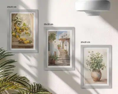 Citróny vo váze a rastliny v bielej architektúre triptych v ráme