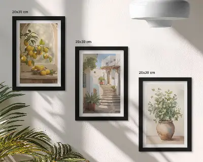 Citróny vo váze a rastliny v bielej architektúre triptych v ráme