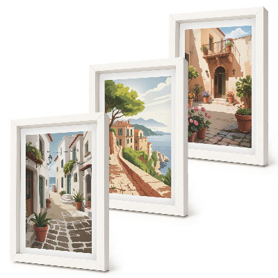 Triptych v ráme Malebné uličky s domami a črepníkovými rastlinami