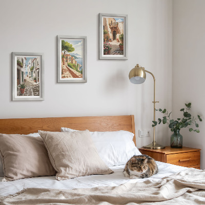 Triptych v ráme Malebné uličky s domami a črepníkovými rastlinami
