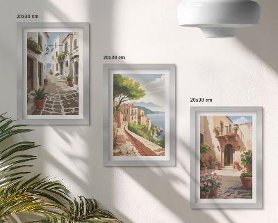 Triptych v ráme Malebné uličky s domami a črepníkovými rastlinami