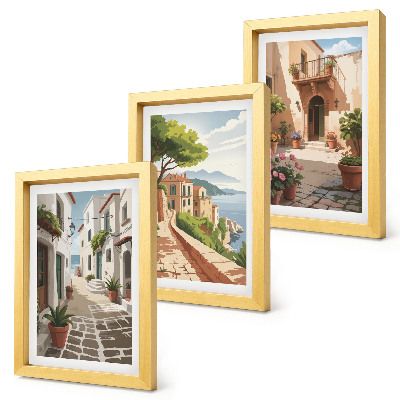 Triptych v ráme Malebné uličky s domami a črepníkovými rastlinami