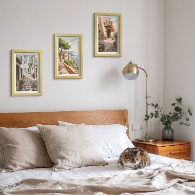 Triptych v ráme Malebné uličky s domami a črepníkovými rastlinami
