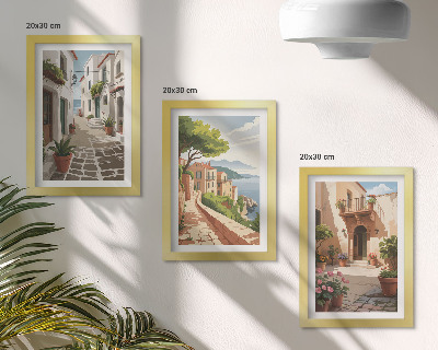 Triptych v ráme Malebné uličky s domami a črepníkovými rastlinami