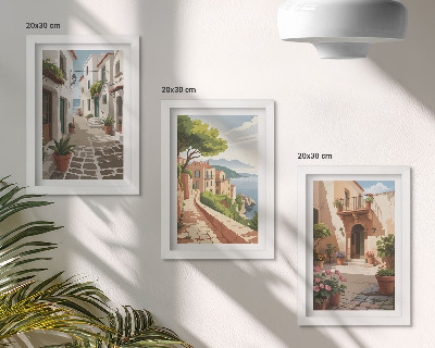 Triptych v ráme Malebné uličky s domami a črepníkovými rastlinami