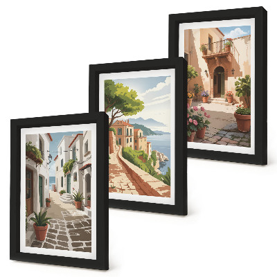 Triptych v ráme Malebné uličky s domami a črepníkovými rastlinami