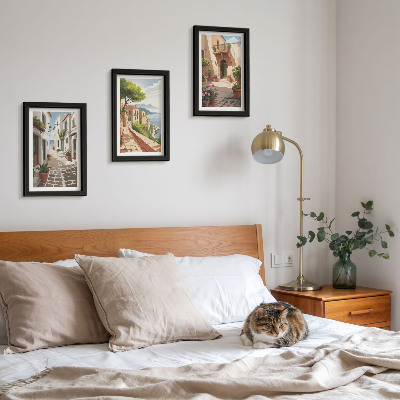 Triptych v ráme Malebné uličky s domami a črepníkovými rastlinami