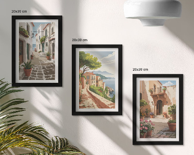 Triptych v ráme Malebné uličky s domami a črepníkovými rastlinami