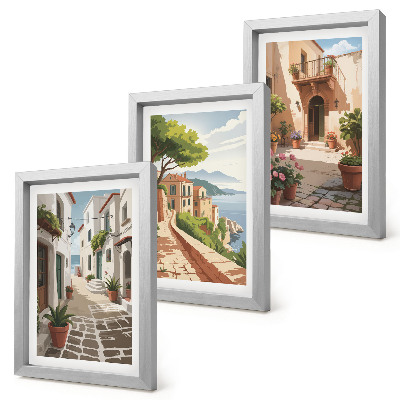 Triptych v ráme Malebné uličky s domami a črepníkovými rastlinami