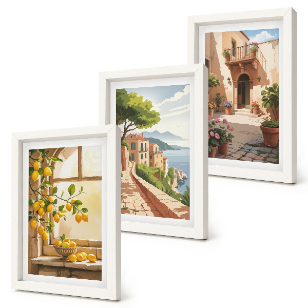 Triptych v ráme Citrusové plody v kuchyni s výhľadom na more a očarujúce mestečko