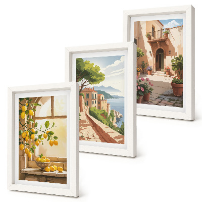 Triptych v ráme Citrusové plody v kuchyni s výhľadom na more a očarujúce mestečko