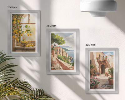 Triptych v ráme Citrusové plody v kuchyni s výhľadom na more a očarujúce mestečko