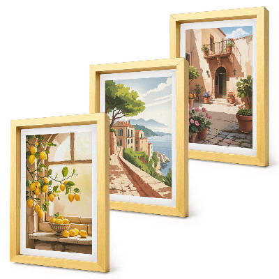 Triptych v ráme Citrusové plody v kuchyni s výhľadom na more a očarujúce mestečko
