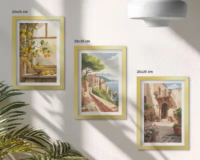 Triptych v ráme citrusové plody v kuchyni s výhľadom na more a malebné mestečko