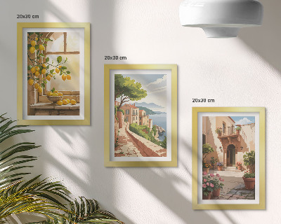 Triptych v ráme Citrusové plody v kuchyni s výhľadom na more a očarujúce mestečko
