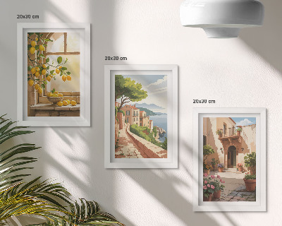 Triptych v ráme Citrusové plody v kuchyni s výhľadom na more a očarujúce mestečko