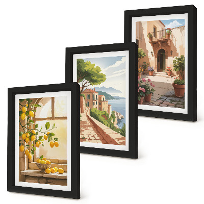 Triptych v ráme Citrusové plody v kuchyni s výhľadom na more a očarujúce mestečko